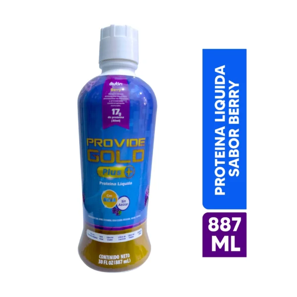 Frasco de Provide Gold proteína líquida sabor berry 887ml, suplemento hidrolizado sin azúcar ideal para adultos mayores y deportistas en Lima y Perú